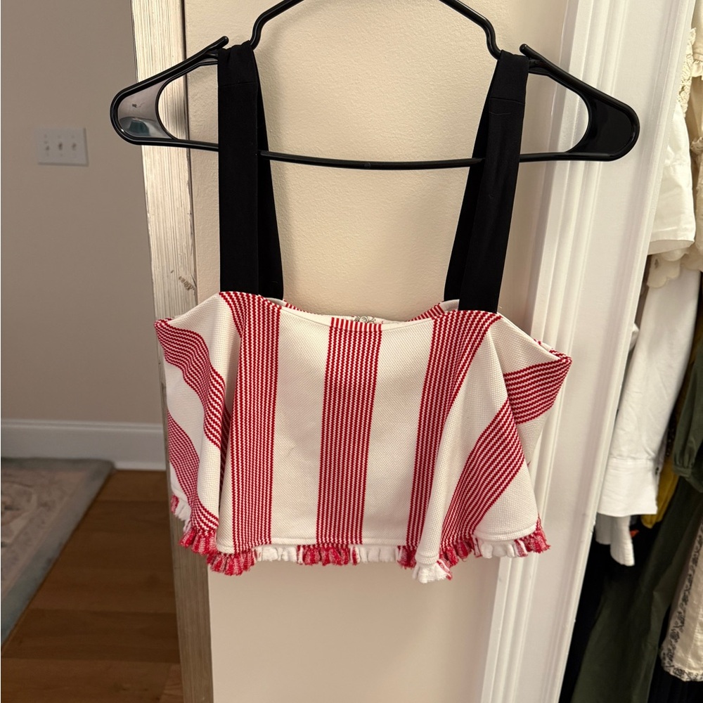 English Factory Black and Red Ruffled Bustier Crop Top